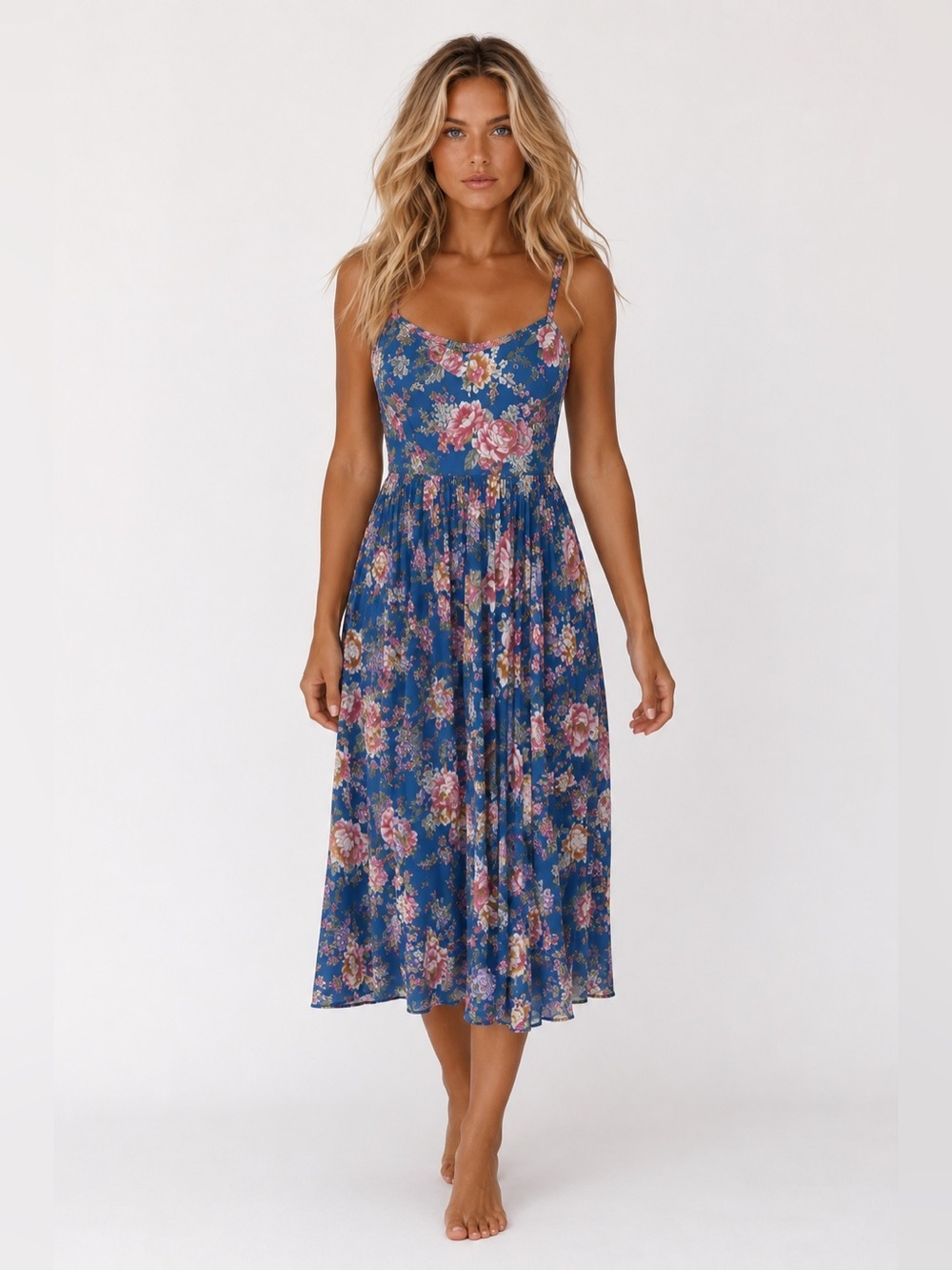Torrid Blue Floral Cottagecore Midi Dress Romantic Boho Sundress Vaca Photoshoot